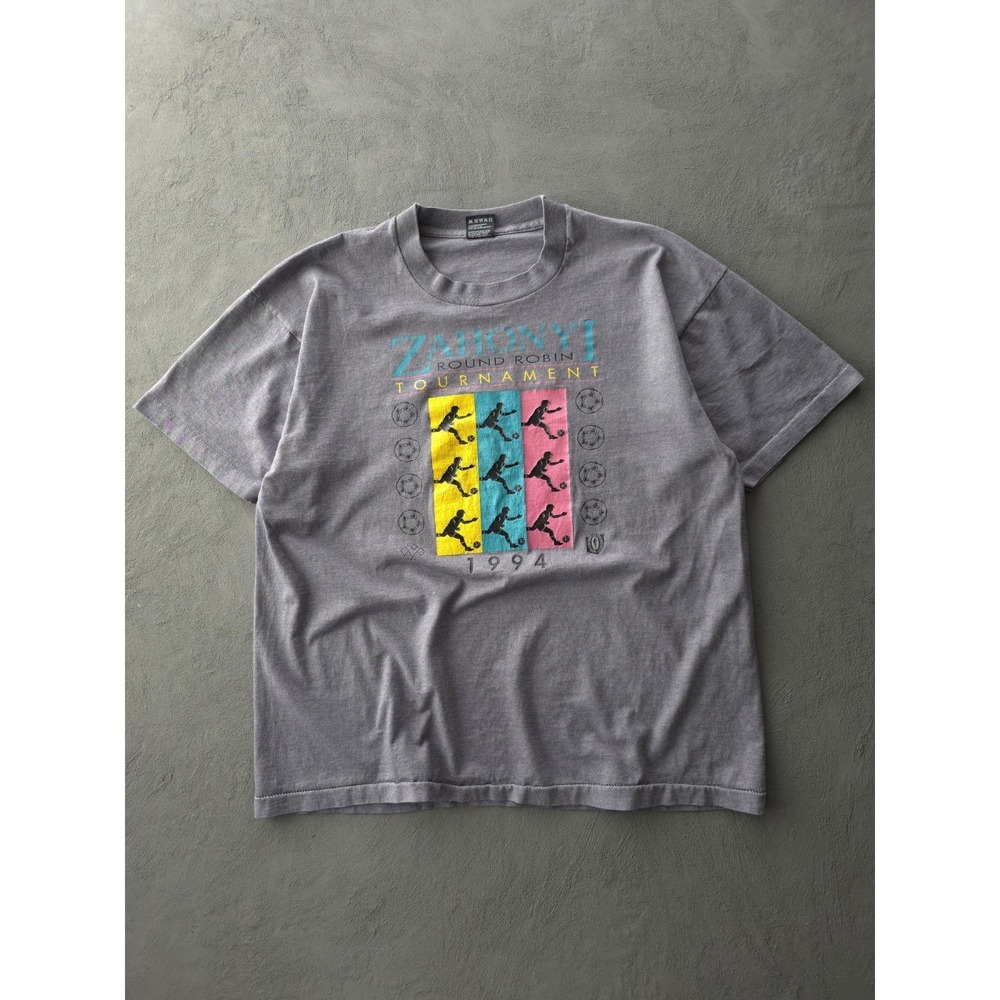 Vintage 90s Zahonyi Soccer Tournament Grey Single Stitch Crewneck T-shirt XL - Picture 7 of 7
